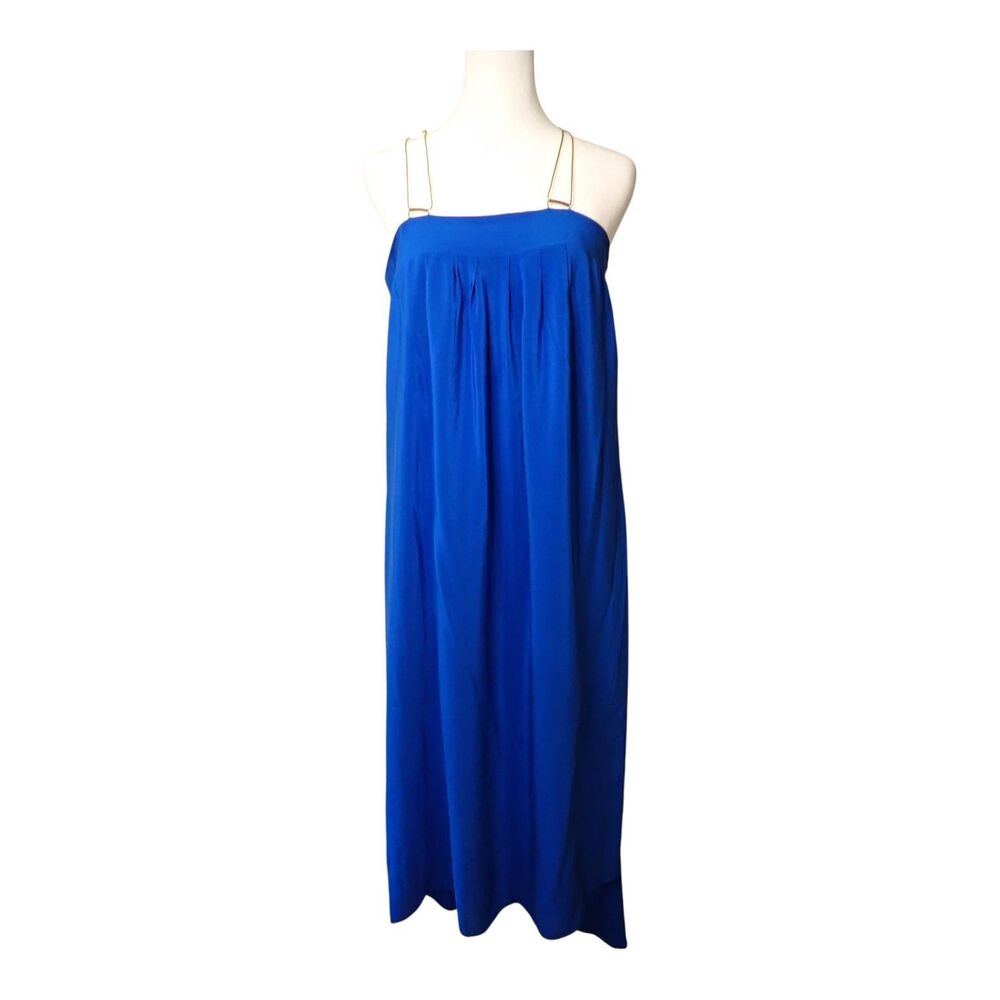 HD in Paris Dress 4 Silk Blue Maxi Pleated Cross Back Gold Straps Anthropologie